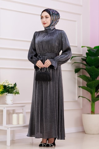 Kolu Volanlı Simli Alya Abiye-antrasit-4874