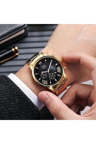 Yingfu Siyah Tarih Göstergeli Paslanmaz Çelik Kuvars Erkek Saati Siyah