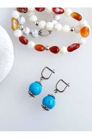 925 Ayar Gümüş Otantik Akik Doğal Taşlı Püskül Tasarım Kadın Küpe Mavi