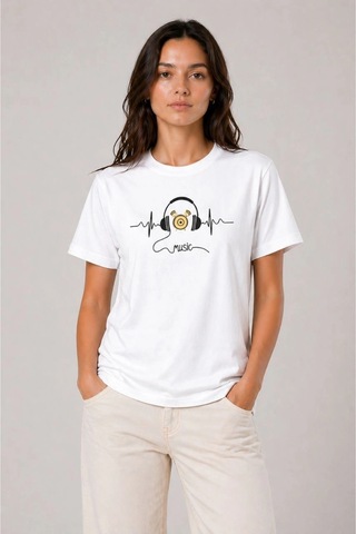 Wear Vexel Kadın Müzik Temalı Baskılı Tişört Bisiklet Yaka Kısa Kol T-shirt - Beyaz Beyaz