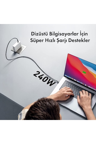 Microcase 240w Dijital Göstergeli L Tipi Type-c To Type -c 100 Cm Örgülü Kablo Hızlı Şarj Ve Data Kablosu -al5817 Siyah