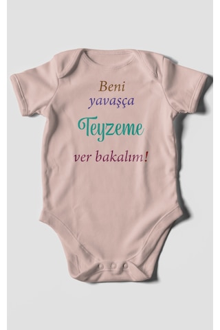 Beni Yavaşça Teyzeme Ver Bakalım Baskılı Bebek Zıbını Çıtçıtlı Body %100 Pamuk Kısa Kol Pastel Pembe