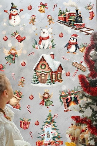 Christmas Yılbaşı Cam Sticker Seti 60+ Parça Çift Taraflı Baskı, Suya Dayanıklı, Kar Tanesi & Noel Dekoru Dijital Baskı