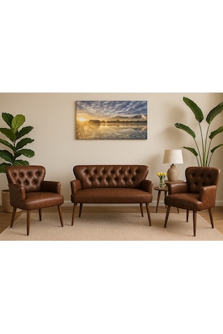 Roma Modern Koltuk Takımı - Deri Kumaş - Ofis Takımı - Acı Kahve