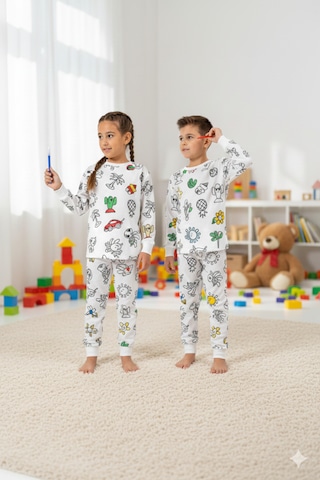 Bebelove Boyanabilir Çocuk Pijaması Eğitici, Eğlenceli, Pamuklu Pijama Takımı Beyaz
