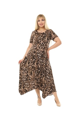 Melsay Butik Büyük Leopar Desen Asimetrik Kısa Kollu Uzun Elbise Kahverengi