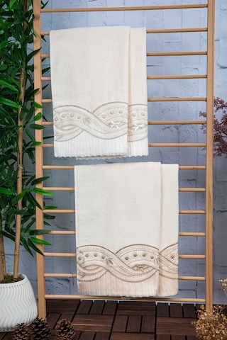 %100 Pamuk Fiyonk Güpürlü Çeyizlik 4'lü Havlu 50x90 - Krem - Vizo Krem - Vizon