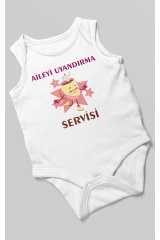 Aileyi Uyandırma Servisi Baskılı Bebek Zıbını Çıtçıtlı Body %100 Pamuk Sıfır Kol Beyaz
