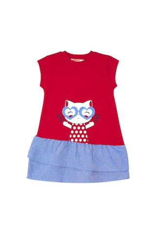 Denokids Kedi Fırfırlı Kırmızı Kız Elbise Kırmızı