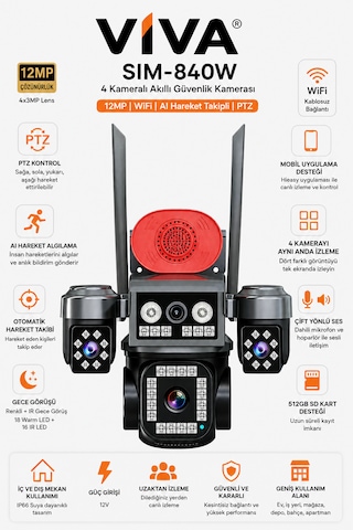 Sım-840w 4 Kameralı Akıllı Güvenlik Kamerası 12mp Wifi Ptz Aı Hareket Takipli Renkli Gece Görüşlü Dış Mekan Ip Kamera
