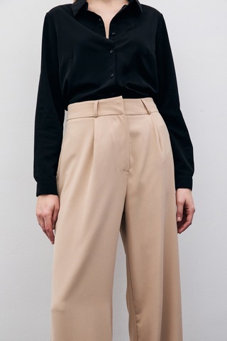 Sateen Pileli Krep Pantolon - Bej