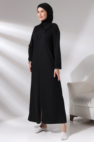 Siyah Kadın Fermuarlı Tek Parça Kendinden Örtülü Namaz Elbisesi Siyah
