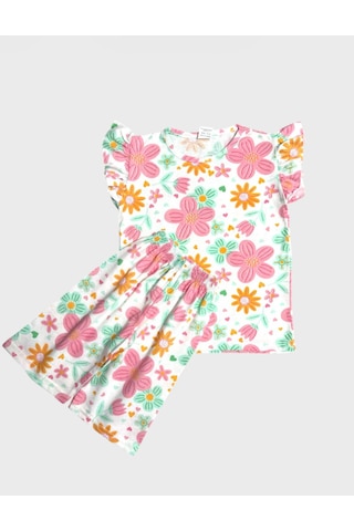 Aliş Kids Kız Çocuk Pamuklu Beyaz Pembe Çiçek Desenli Kolları Fırfırlı Kısa Kollu Şortlu Yazlık Pijama Takımı Pembe Beyaz