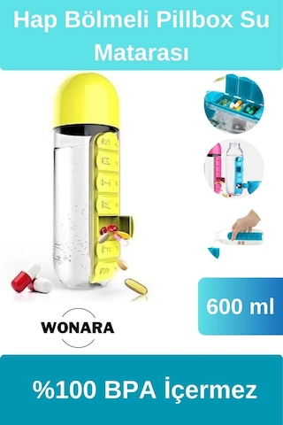 Özel Tasarım Uzun Ömürlü İlaç Kutusu Pillbox Su Matarası 600 Ml Suluk %100 Bpa İçermez Çok Renkli
