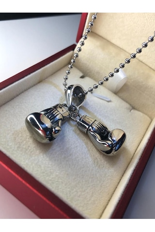 Çift Boks Eldiveni Metalik Çelik Kolye Işıklı Kutuda Sevgiliye Eşe Babaya Kolye Beyaz