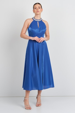 Saygın Kadın Halter Yaka Saten Midi Abiye Elbise 5624 Saks Saks