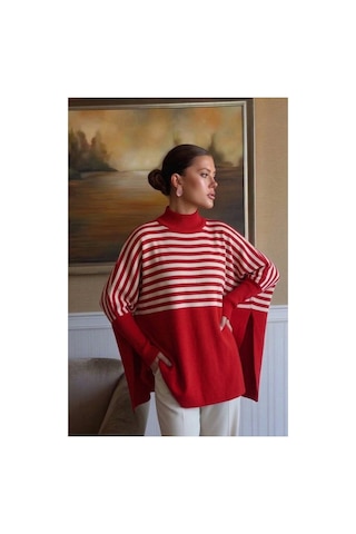 Onno Style Women Çizgili Standart Beden Triko Kadın Panço Kırmızı
