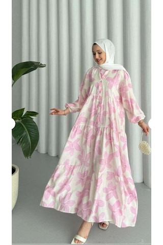 Vellichor Modal Kumaş Çiçekli Düğmeli Elbise - Pembe Pembe