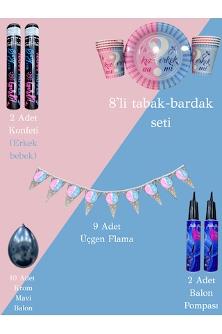 Cinsiyet Partisi Kutlama Seti Konfeti,Tabak-Bardak,Flama,Balon