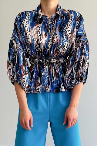 Beli Lastikli Saten Gömlek - Mavi Karışık Çok Renkli