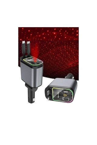 Acl Acc-01 Rgb Işıklı 66w Araç Şarj Cihazı 4in1 Geri Çekilebilir Kablo Type-c + Lightning Yıld