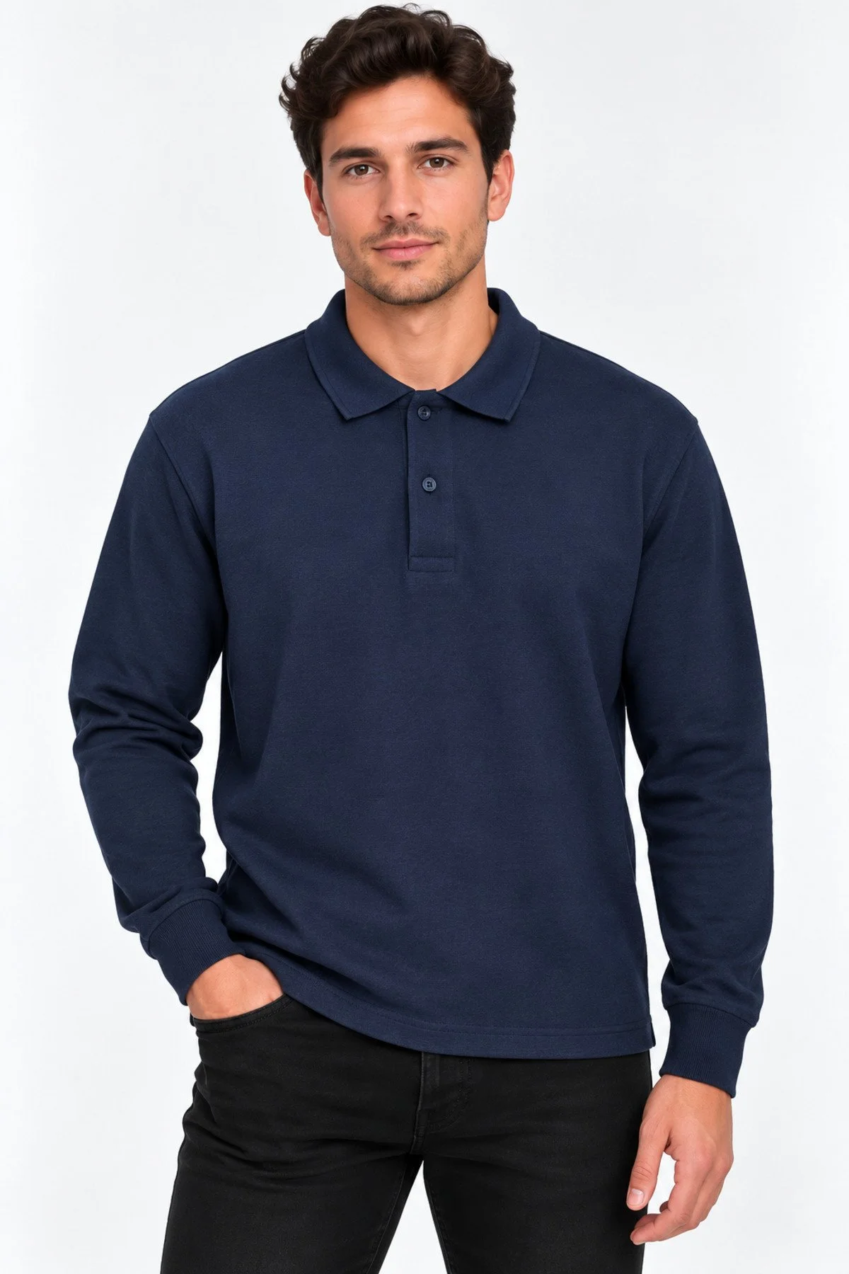 Neco Giyim Erkek Polo Yaka Regular Fit Klasik Kesim Selanik Kumaş Kazak Sweatshirt Şık Günlük Basic Üst Giyim Lacivert
