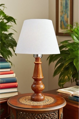 Ahşap Gövdeli Kumaş Başlıklı Dekoratif Abajur Masa Lambası Aydınlatma Lamba Beyaz