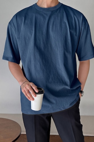 Genius Store Erkek Oversize Tişört Pamuk Kumaş Bisiklet Yaka Rahat Kalıp T-shirt İndigo