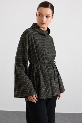 Olcay Degaje Yaka Oversize Kareli Bluz Haki 9839