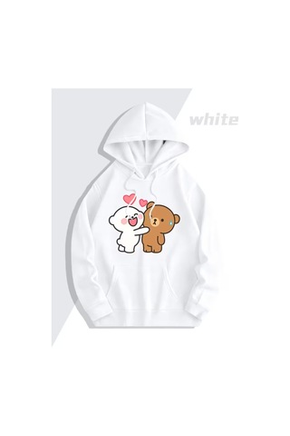 Nevermind Sevgili Çift Kombini Sevimli Ayıcık Baskılı Kapüşonlu Sweatshirt Beyaz