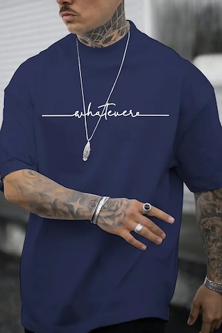 Erkek Whatever Baskılı Oversize Tshirt Lacivert