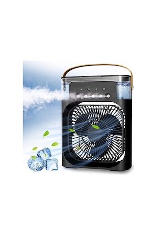 Exenar - Siyah - Buharlı Serinletici Masaüstü Mini Fan Nemlendirici Led Işıklı Hava Soğutucu Vantilatör 600ml 3kademe