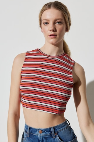 Regular Fit Normal Kesim Bisiklet Yaka Kolsuz Çizgili Crop Bluz Renkli