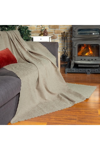 Jakarlı Şönil Koltuk Örtüsü Kanepe Örtüsü Koltuk Şalı 175x350 Kaymaz Camel Camel