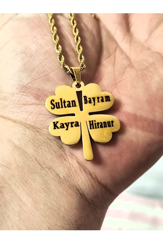 Yonca Model Aile Temalı Çelik Kolye Tasarım Kutulu Kişiye Özel Gold