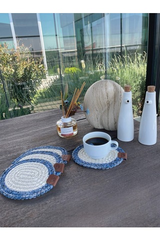 4 Adet Yuvarlak Bardak Altlığı- Leke Tutmaz- Mavi-beyaz 13x13 Cm Beyaz - Mavi