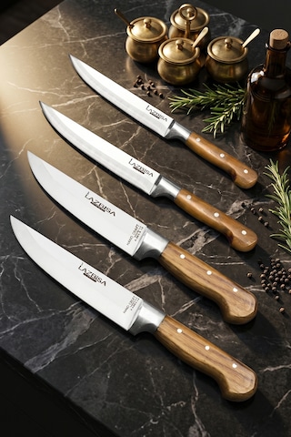 Lazbisa Mtf-036 Hand Craft Mutfak Bıçak Seti Et Ekmek Sebze Bıçağı 4 Lü Set Günlük Kullanım Kahverengi