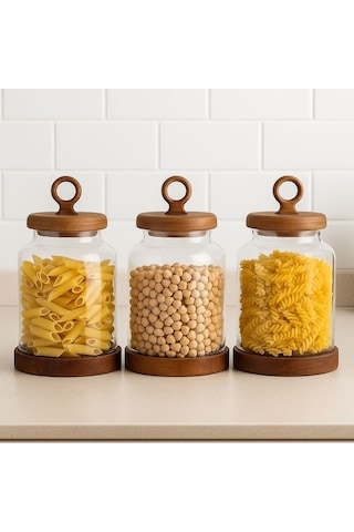 Qerhome 3'lü Borosilikat Cam Akasya Kapaklı Erzak Baharat Kavanozu 1100 Ml Şeffaf