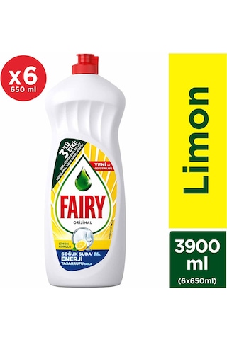 Fairy Temiz & Ferah Sıvı Bulaşık Deterjanı Fırsat Paketi Limon Kokulu 6 x 650 ML