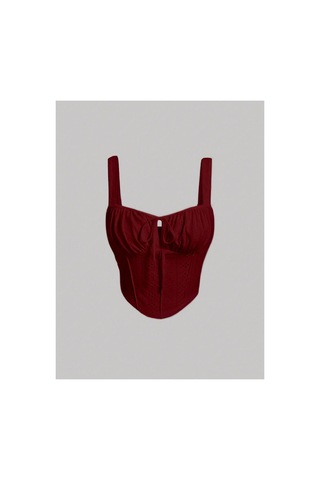 Meren Like Your Syle Bordo Nakış Desenli Göğüs Dekolteli Geniş Askılı Üst Crop Bordo