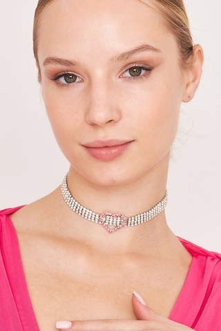 Kadın 4 Sıra Ortası Pembe Kalp Model Zirkon Taşlı Gümüş Choker Ko Gümüş