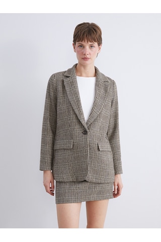 Lcw Vision Kahverengi V Yaka Ekose Kadın Kaşe Blazer Ceket
