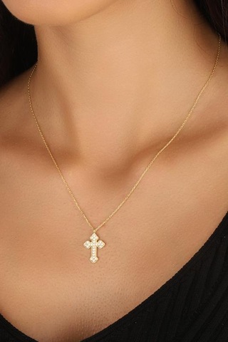 Beyaz Taşlı Gümüş Haç Kolye Iı Rose Gold