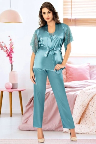 Faal 4909 Kadın Dantel Detaylı Saten Sabahlıklı İp Askılı Pijama Takım-mavi Mavi