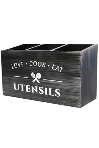 Üç Bölmeli Ahşap Mutfak Eşyası Saklama Kutusu-siyah