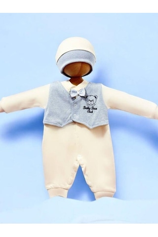 Erkek Bebek Ayıcıklı Papyon Detaylı Tulum-15299 Bej