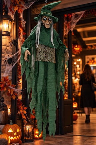 Halloween Cadılar Bayramı Sensörlü Sesli Işıklı Asılabilir Büyük Yeşil Cadı Korku Süsü 150 Cm Diğer