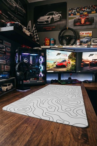 Minimal Beyaz Topografik Çizgiler 40x90 Cm Oyuncu Mousepad Kaymaz Taban Büyük Boy Mousepad Siyah