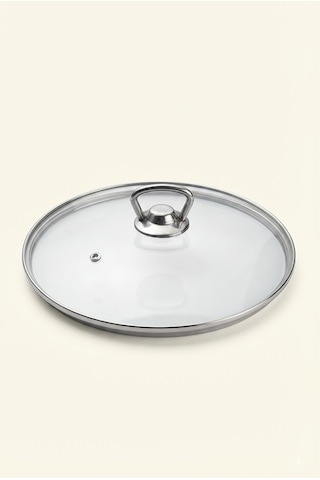 Isıya Dayanıklı Cam Tencere Tava Kapağı - Metal Kulplu Buhar Delikli Yedek Kapak 28 Cm Şeffaf