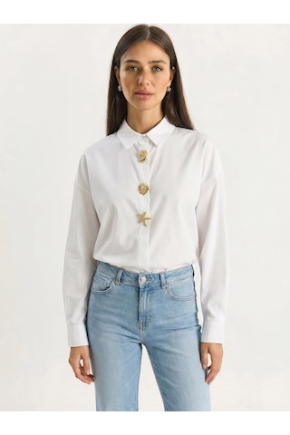 Shade Kadın Gold Düğme Aksesuarlı Poplin Gömlek 7508 60283943 - Beyaz